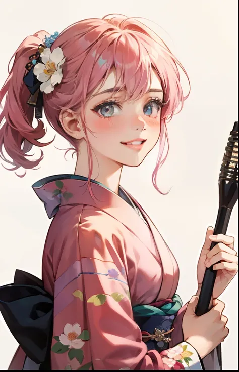 girl with、Background white、without background、Pink hair、with blush cheeks、flowery kimono、florals、taisho roman、Showa Retro、frilld、Smiling、kawaii、without background