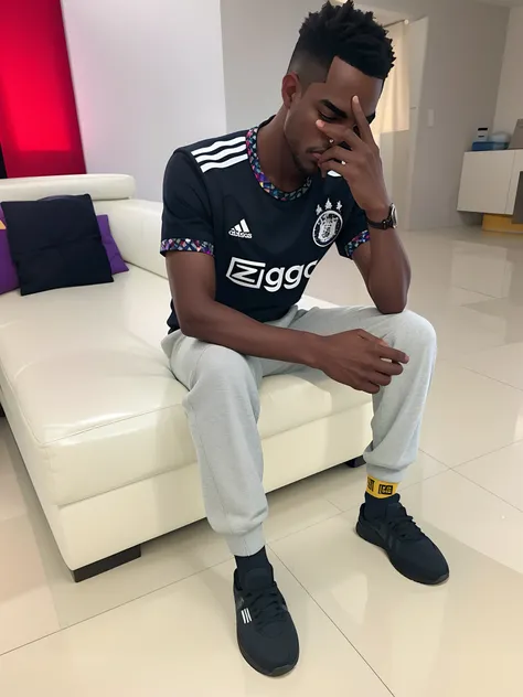 Man sitting on a sofa in a living room, usando roupas adidas, wearing a tracksuit, he is wearing a black, Homem em Tracksuit Adidas, 🔥 😎 🕹️ 👀 :2, wearing a track suit, ele tem cerca de 2 5 anos de idade, ele tem cerca de 25 anos de idade, ele tem cerca de ...