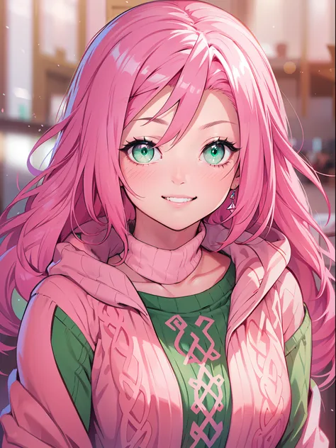 A stunning masterpiece of a high-res portrait of a beautifully detailed girl with long, shiny pink hair and mesmerizing green eyes, wearing a cozy sweater and flashing a gorgeous smile that accentuates her small yet perfectly-formed breasts, Sakura Haruno