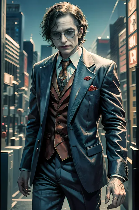 masterpiece, best quality, realistic, full body shot of Joker,glasses DC cinematic universe, detailed face, 8k, uhd, sharp focus