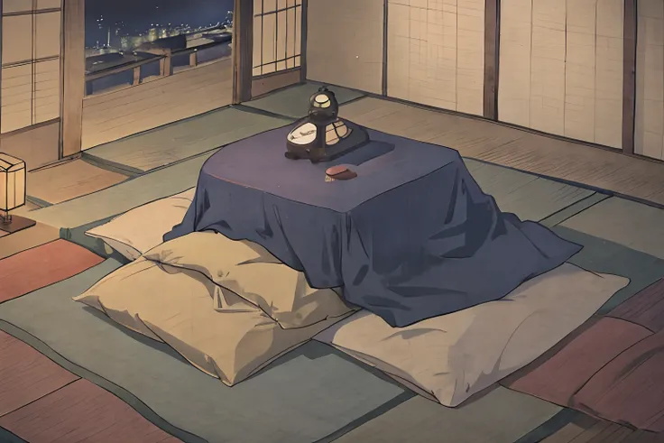 futon, tatami, pillow, night time, no human