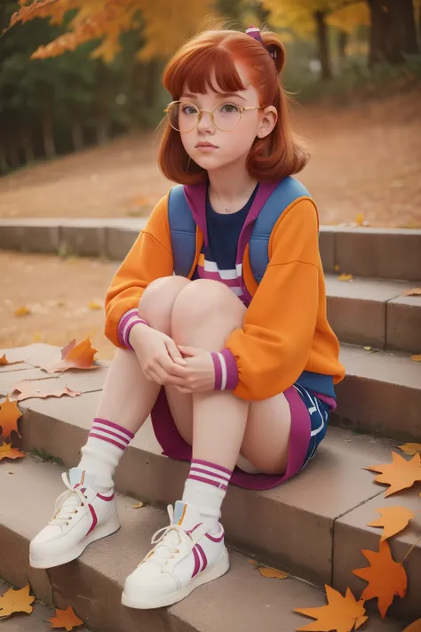 Location: Northern Spain. Pre-raphelite 13-year-old teen girl, redhead, freckles, glasses, good girl, school recess, sitting in a step, autumn, ((((Clothing from the 1980s)))) ((1980s hairstyle)), ((("OMITB" cinematography)))