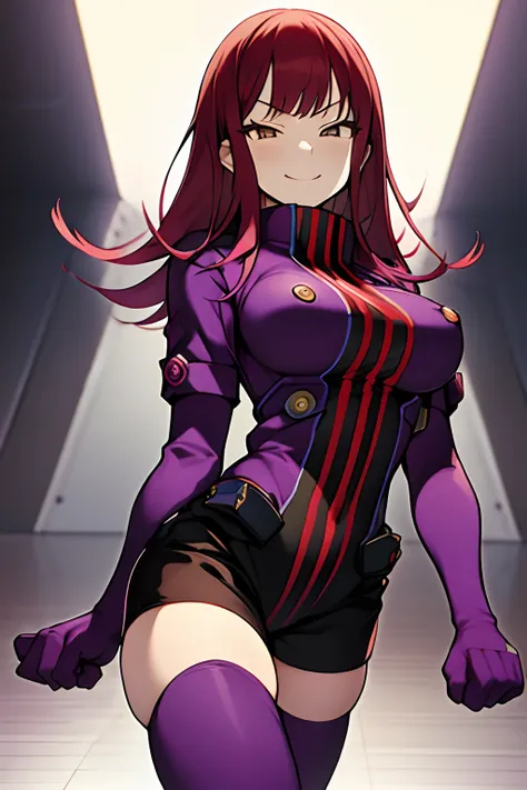 masutepiece, Best Quality, absurderes, Perfect Anatomy, 1girl in, Solo, Yoko Katori, Long hair, purple thighhighs, elbow groves, Purple gloves, Black shorts, uniform, thigh holster, opening legs, Smile,