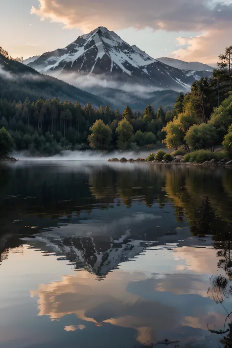 "Serene sunrise over a misty mountain lake, with reflections of the surrounding forest on the waters glassy surface."