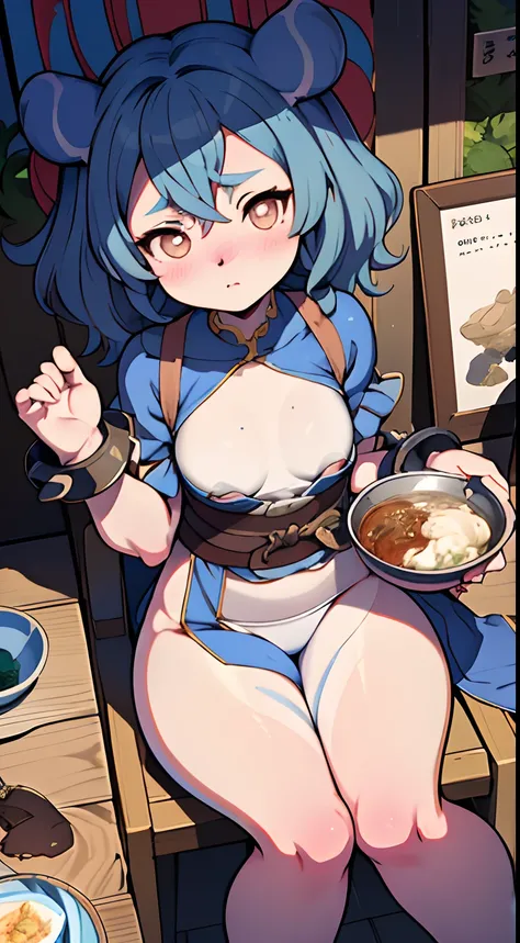 Anime girl sitting in chair with a bowl of food in her hand, menina alquimista, arte da capa da light novel, Arte Oficial, epic light novel art cover, arte oficial, epic light novel cover art, Loli, Isekai, small curvy loli, Cushart Krenz, Cushart, Cushart...