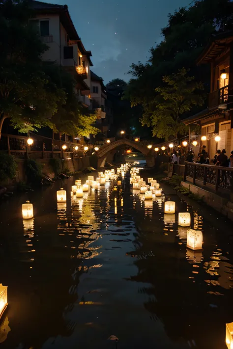 Floating Lantern Festival on a River: A river gently flowing through an ancient city during a floating lantern festival, with thousands of illuminated lanterns reflecting on the waters surface.