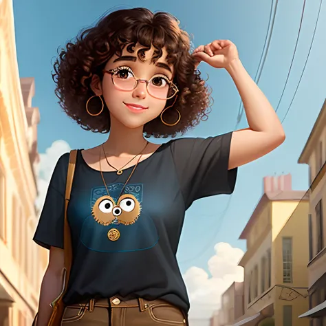 Pixar character Hispanic girl with brown curly hair that has bangs brown eyes and gold round glasses