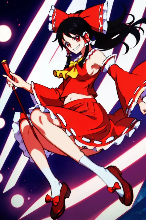 [WanoStyle:1.3] Reimu Hakurei from Touhou Project in One Piece style, red eyes, gohei, black hair, bow, red skirt, hair bow, full body, skirt, red bow, detached sleeves, socks, smile, hair tubes, frills, high definition