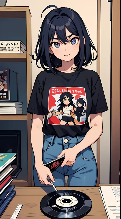 best quality, 1girl, ((olhando para o viewer)), cabelos muito curtos, cabelo espetado, ahoge, camiseta, high waisted jeans, 171 ...