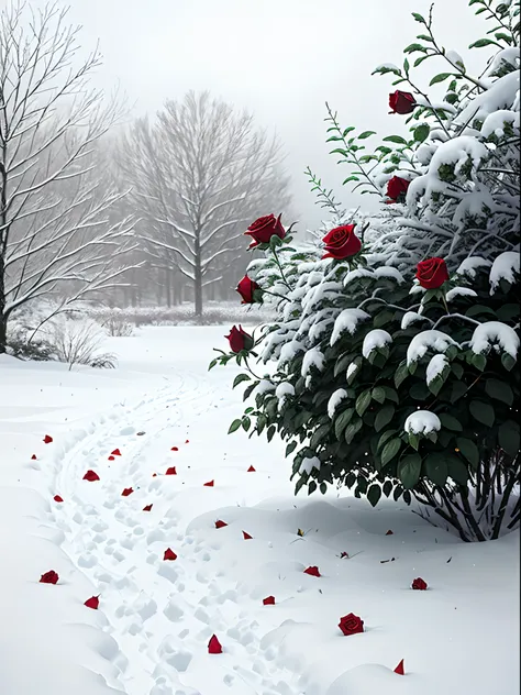 Realistic image of a rose bush under the snow