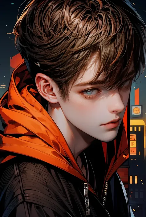 Top Quality, Masterpiece, High Resolution, 8k, Anime Style handsome man in Hoodie, One man, brown-short_hair, stylish hair,handsome, Detailed Line Art, Bright White and Bright Amber Style, Digital Enhancement, Close Up, wearing hoodie,monchrone,gray,orange...