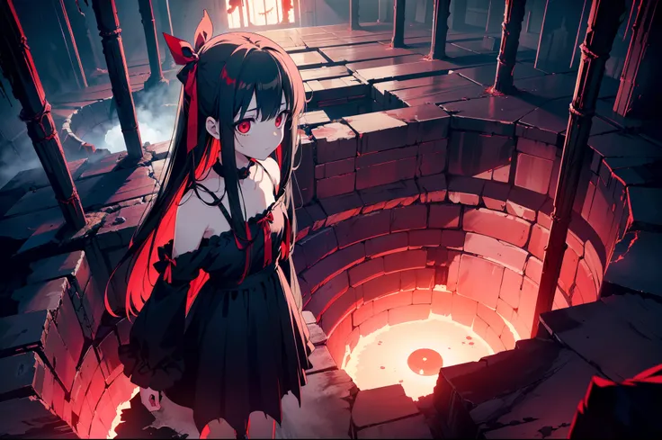 1 loli girl ,(cinematic angle) , ((wide shot)) , (from above:0.7) ,  ((standing by big hole of hell )) , (rape face) ,black long straight hair, hair ribbon , red eyes,black dress, (glowing eyes), (dark red lighting), ((horror world )), (blood sea),  ((mast...