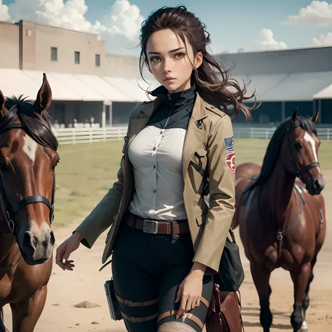 Attack On Titan screencap of a female with light tan skin with dark brown hair and black almond eyes.Beautiful background scenery of horses behind her. She is wearing a black long sleeve futuristic suit. Season 4 MAPPA Studios screencap.