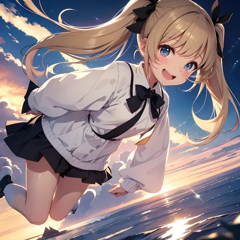 Jumping through the sky while laughing、Junior high school student in white long-sleeved sailor suit、Twin tails with dark blonde hair、a black ribbon、Single big eyes、animesque、