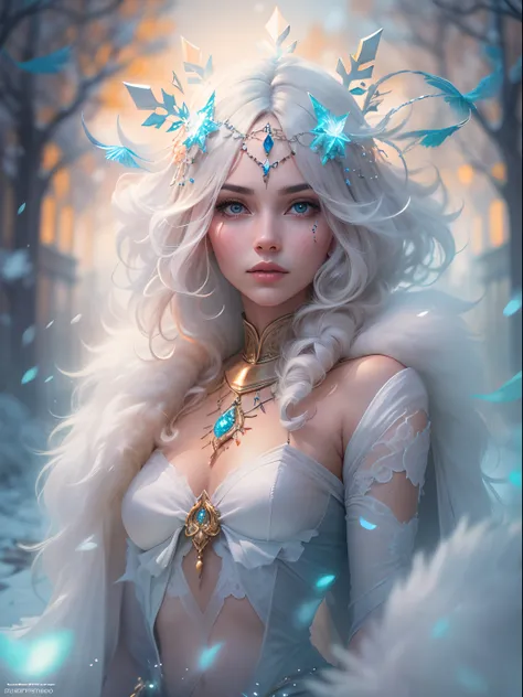 Generate a pretty and realistic fantasy artwork with bold jewel-toned hues and pretty glitter and shimmer. Generate a luminous and petite woman with curly hair, metallic hair, and realistically textured hair. Her skin is pure white and seems to glow in the...