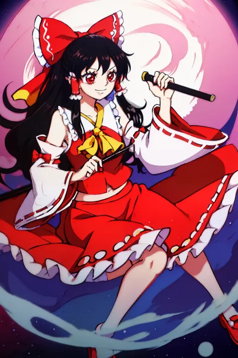 [WanoStyle:1.3] Reimu Hakurei from Touhou Project in One Piece style, red eyes, gohei, black hair, bow, red skirt, hair bow, full body, skirt, red bow, detached sleeves, socks, smile, hair tubes, frills, high definition