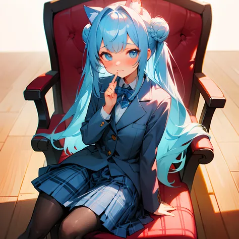 light blue long-haired。cat's ears。hairstyle is 1 bun。the expression is embarrassed。sitting in a chair。校服。plaid blazer。light blue...