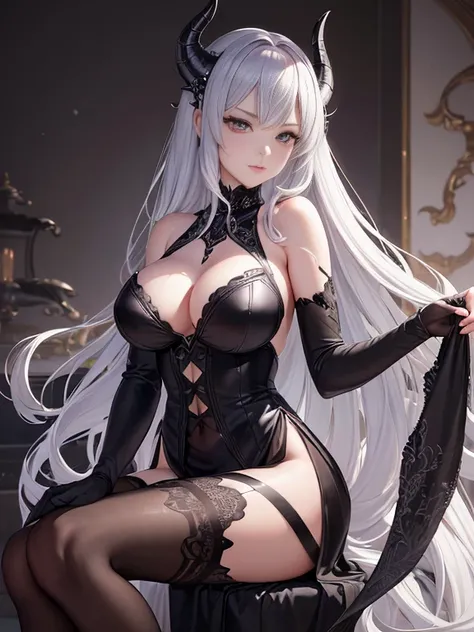 ((masutepiece))), ((Best Quality))), ((Hyper-detailing)), (High Definition CG Illustration), (Solo: 1.3), Cinematic Light, (Detailed face), (Detailed eyes), (8K Wallpaper),
 Silver-haired dragon woman sitting on a chair, Black Silk Gloves, black evening go...