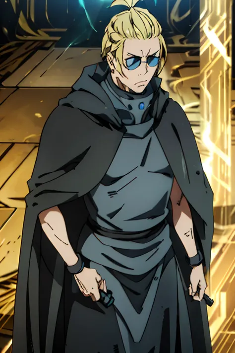 Tall blonde haired man, bright blue eyes, steel neck piece, black cloak, wrapped in a black poncho, powerful looking, neutral looking face, milf stubble, black sunglasses, powerful