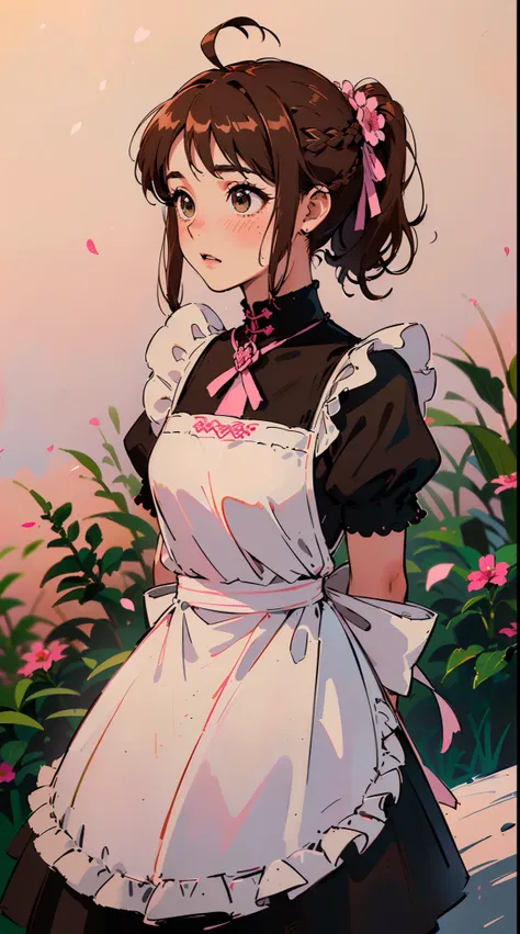 (((((((arms behind back,Blushing,cute cheeks,brown hair，gothic maid apron with flower))))))，((1girl,Solo,under-aged,11years old,short,Amazing,Cute Korean mixed-race girl，rosto magro,))(Masterpiece,Best quality, offcial art, Beautiful and aesthetic:1.2),((H...