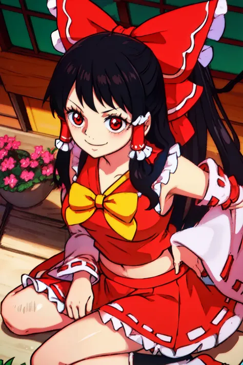 [WanoStyle:1.3] Reimu Hakurei from Touhou Project in One Piece style, red eyes, gohei, black hair, bow, red skirt, hair bow, full body, skirt, red bow, detached sleeves, socks, smile, hair tubes, frills, high definition