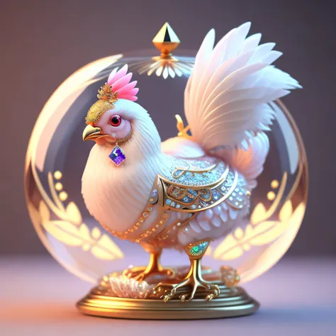 A cute crystal ball zodiac chicken embellished with various jewelry ornaments and low-poly eyes is a highly detailed and complex concept art craft using Artstation 8k quality.