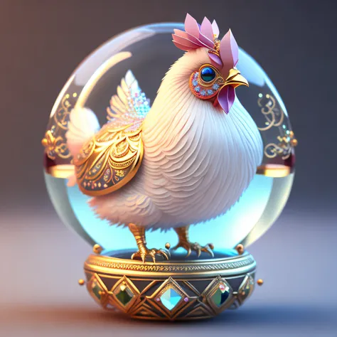 A cute crystal ball zodiac chicken embellished with various jewelry ornaments and low-poly eyes is a highly detailed and complex concept art craft using Artstation 8k quality.