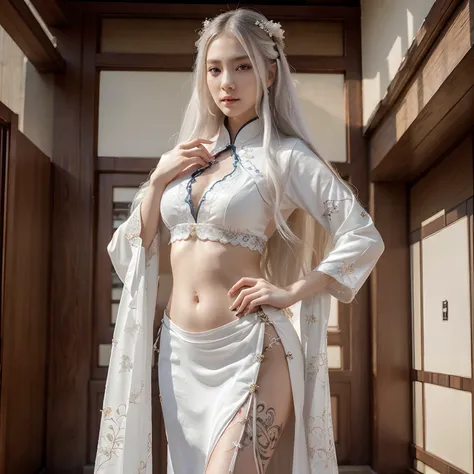 (photorealistic, high resolution, 1 woman, hips up), beautiful detailed eyes, long hair, ringed eyes, white hair, elegant jewelry, intricate tattoo, graceful hanfu, ethereal Chinese fairy, slender fingers, mature sister