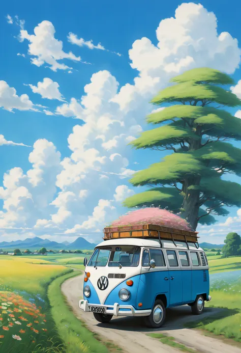 (((best quality)))), Realistic, authentic, beautiful and amazing landscape with a Volkswagen Kombi on the road oil painting Studio Ghibli Hayao Miyazaki pasture petals with blue sky and white clouds