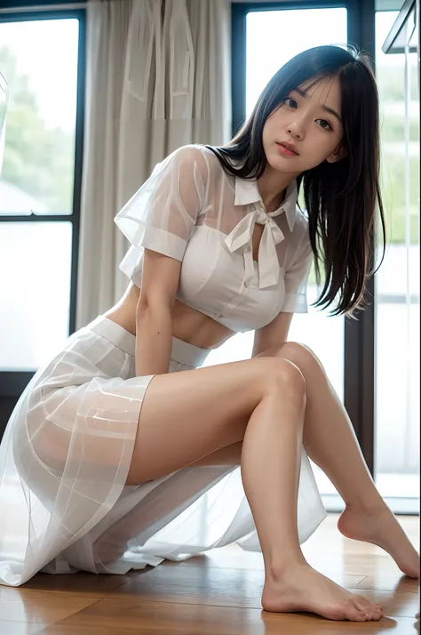 of the highest quality, masutepiece, Ultra high definition, (Real: 1.4), Realistic college girl sitting on the floor in white luxurious silk blouse and floral skirt, ((Translucent long skirt:1.5)), Awesome cute face、Wearing a blouse, White blouse, Japan sc...