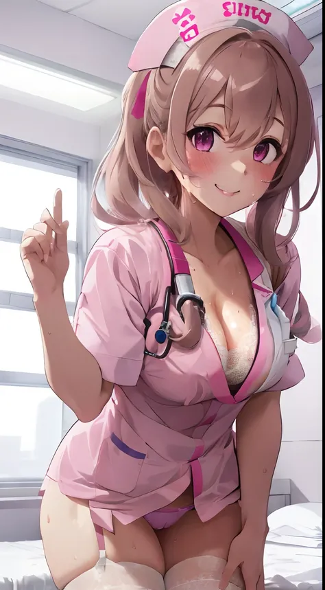 hospitals,Examination room,Hospital Beds,Stand on the bed,Fluffy light brown and pink mixed hair,Sexy white nurse outfit with disheveled breasts,Underwear with plenty of lace,Breathe upwards,Smokexxx,Kissing face,Smile on his face,Face full of pleasure,ecs...