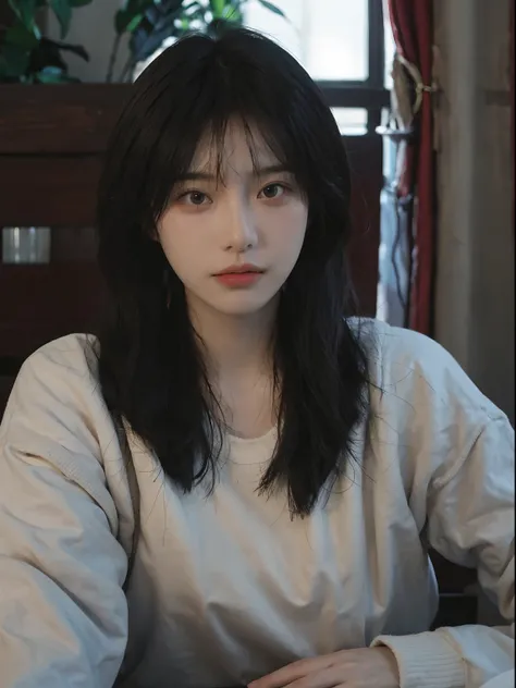 best qualtiy， 超高分辨率， （realisticlying：1.4）， A woman with long black hair and a gray sweater, 中景 the scene is, she has red hair，By bangs, young lovely Korean faces, wan adorable korean face, ulzzangs, Shin Jinying, beautiful aesthetic face, Korean face featu...