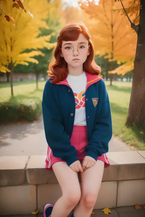 Location: Northern Spain. Pre-raphelite 13-year-old teen girl, redhead, freckles, glasses, good girl, school recess, sitting in a step, autumn, ((((Clothing from the 1980s)))) ((1980s hairstyle)), ((("OMITB" cinematography)))