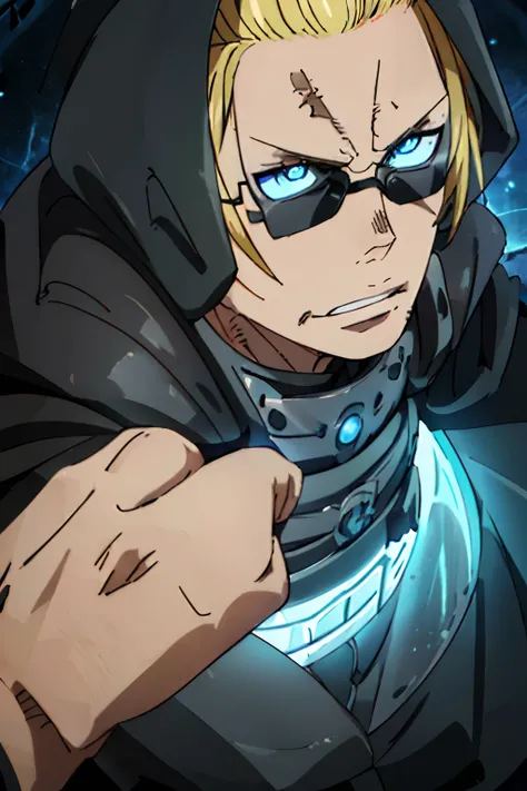 Tall blonde haired man, bright blue eyes, steel neck piece, black cloak, wrapped in a black poncho, powerful looking, neutral looking face, milf stubble, black sunglasses, powerful, scar over left eye, detailed, extremely detailed, masterpiece