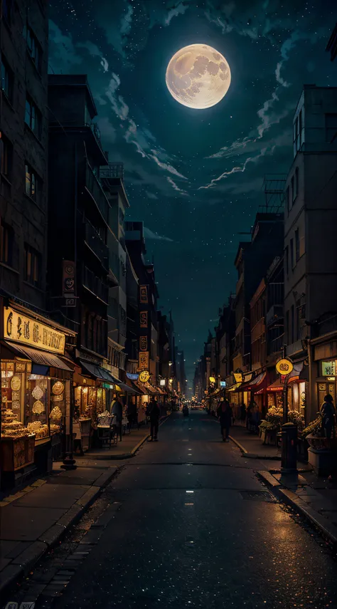 A bustling city street at night, with a solitary street lamp casting a warm glow, pixie contest winner, best quality, fantasy art, beautiful anime scene, a bright moon, moonlit starry environment, dream painting, Anime Background Art, Fantasy Landscape Art...