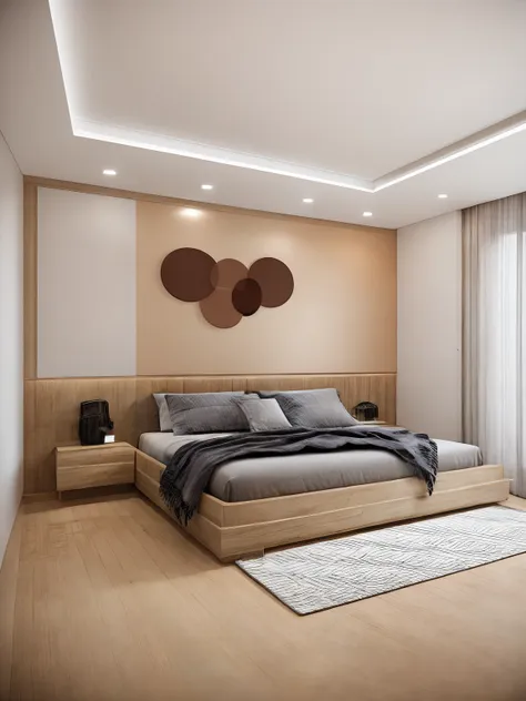 bedroom design, modern interior, flat walls, glossy wood flooring, blue flat plasterboard ceiling, 2 bed, 2 side bed, 3 portrait...