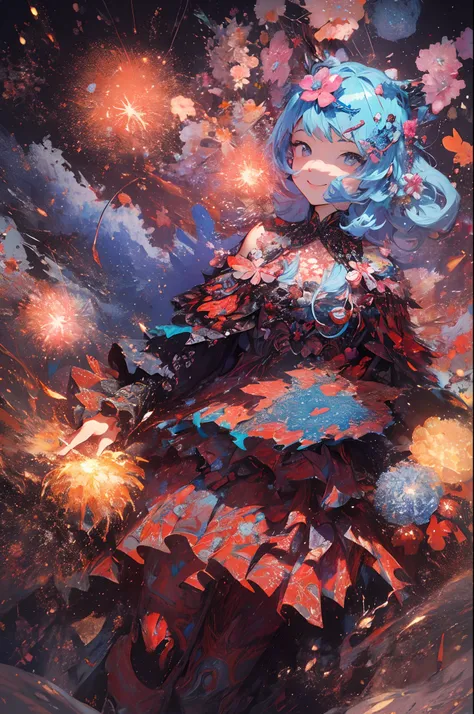 ((Fireworks display seen from space)),Fireworks are the main composition，Fireworks display beyond imagination，innocent smiles、eye glass、Never seen、Seven colors,(1girl in, Solo:1.6),(Cute smile),(Clothes are simple), (Best Impact:1.5), (maximalism:1.7), Viv...