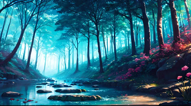 background (anime style) magical forest, main color: light blue