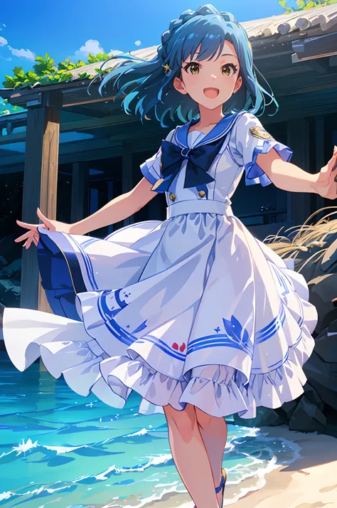 yuriko nanao (million live), 1 girl, Solo, Cute Girl, Best Quality, Ultra-detailed, 8K, High resolution, Detailed face, cinematic angle, Bob Hair, Smile, :D, Opened mouth, idol costume, (((sailor collared dress))), white dress, short sleeves, small hat, ((...