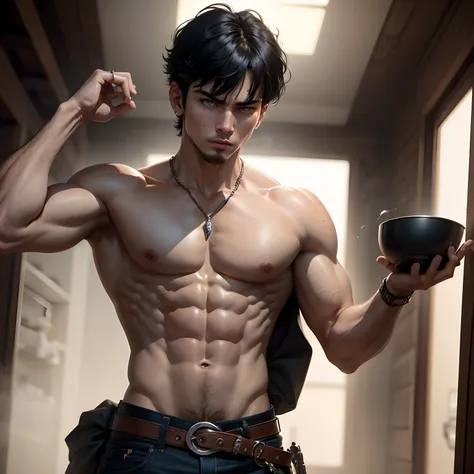 8k, masterpiece, best quality, realistic, higly detailed, cowboy shot, 1boy, solo, Fuutarou, young man, fair skin, black hair, bowl cut, two strands sticking up from the back of his head, bangs that cover his forehead, blue eyes, slim physique, tall build,...