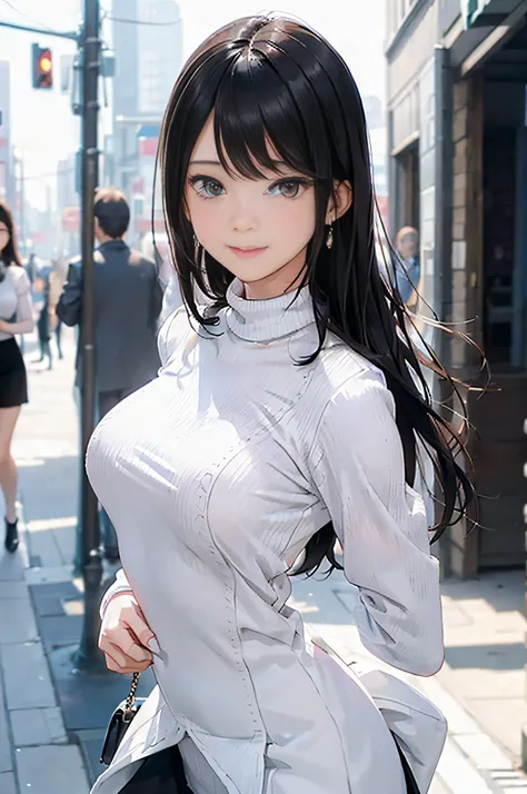 (White Sleeve Breasted Turtleneck Knit)、pencil skirts、20 year old girl, breasts of medium size,, Puffy nipple、Forward bends with emphasis on the chest、Black hair、Long Wave Hair,in the city street, a necklace、Earring、knee high stockings、high-heels ((Very de...