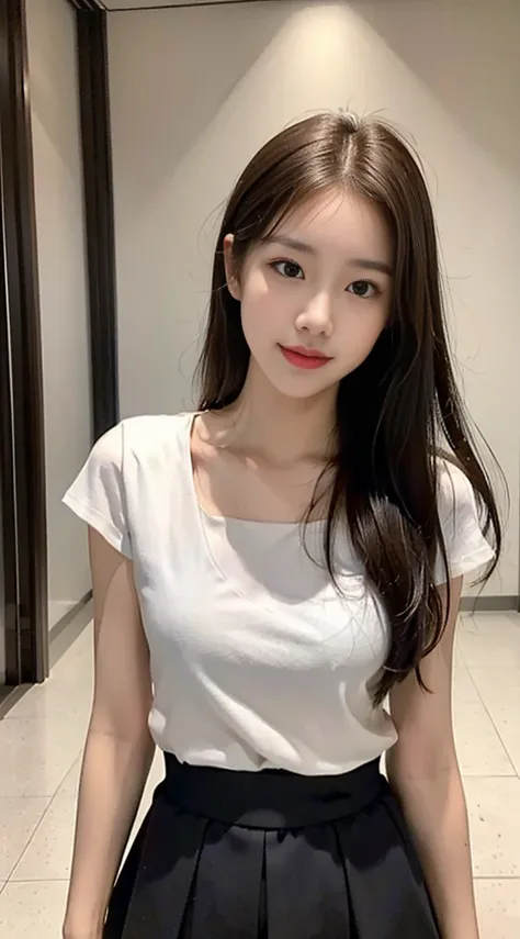 ((The highest image quality, 8K, tmasterpiece: 1.3)), Self-shot, Sharp Focus: 1.2, Cute beauty with perfect figure: 1.4, slim, ((Brown hair black)) , (white tee，pleatedskirt，Highly detailed face，Happy expression，standing on your feet：1.2），（（Blue Sky City 1...