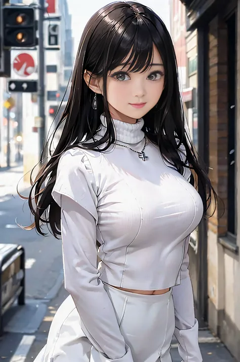 (White Sleeve Breasted Turtleneck Knit)、pencil skirts、20 year old girl, breasts of medium size,, Puffy nipple、Forward bends with emphasis on the chest、Black hair、Long Wave Hair,in the city street, a necklace、Earring、knee high stockings、high-heels ((Very de...