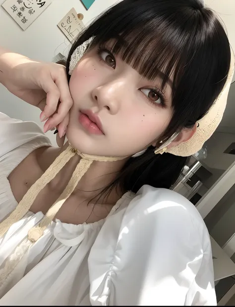 Theres a woman whos wearing a hat and posing for a picture, Ulzzang, Shikami, Lalisa Manobal, Xintong Chen, branco hime corte penteado, Ela tem cabelo preto como franja, como franja, Sakimichan, Yoshitomo Nara, Chiho, young cute wan asian face, Branch Rang...