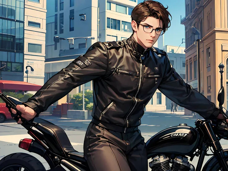 A boy in a black motorcycle suit, 27years old, With blue eyes, Round glasses, Brown hair, Short hair, A haggard face, Short stubble, Upper body, In the city.