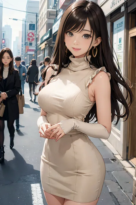 (Light Beige Turtleneck Sleeveless Knit)、pencil skirts、20 year old girl, breasts of medium size,, Tron puffy on the chest、Pinch your chest with your arms、brown haired、Long Wave Hair,in the city street, a necklace、Earring、knee high stockings、high-heels ((Ve...