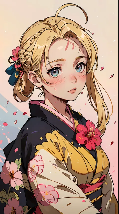 ((((((( ,blushing,cute cheeks,blonde hair，large flower wedding kimono))))))，((1girl,solo,solo,solo,amazing,cute korean mixed-rac...