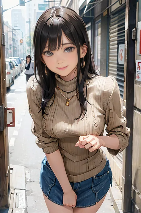 (Beige Turtleneck Knit)、Denim Mini Skirt、20 year old girl, breasts of medium size,, Puffy nipple、Forward bends with emphasis on the chest、Black hair、Long Wave Hair,in the city street, a necklace、Earring、knee high stockings、high-heels ((Very detailed)), Shy...