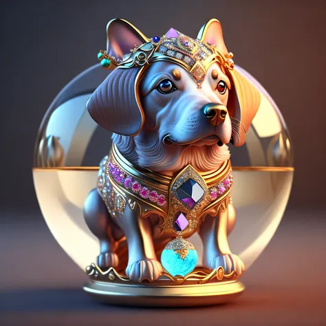 A cute crystal ball zodiac dog embellished with various jewelry ornaments and low-poly eyes is a highly detailed and complex conceptual art craft using Artstation 8k quality.