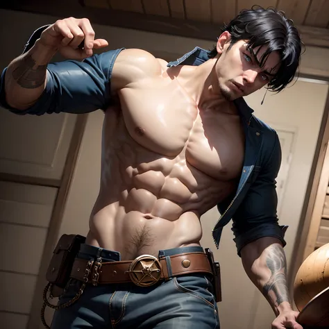 8k, masterpiece, best quality, realistic, higly detailed, cowboy shot, 1boy, solo, Fuutarou, young man, fair skin, black hair, bowl cut, two strands sticking up from the back of his head, bangs that cover his forehead, blue eyes, slim physique, tall build,...